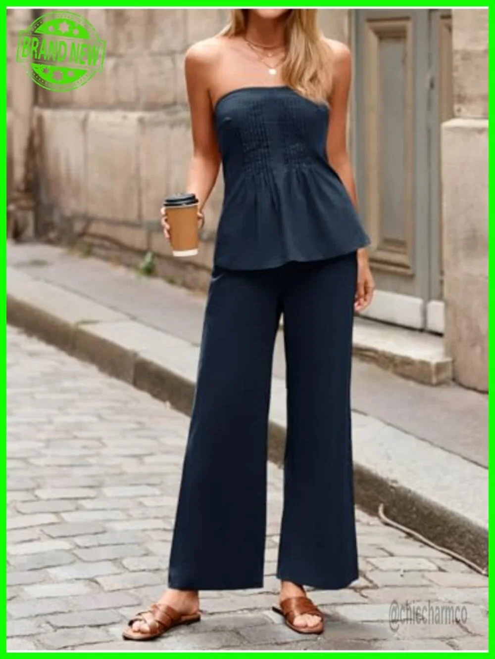 2 Piece Strapless Tube Top Wide Leg Pants Matching Lounge Set